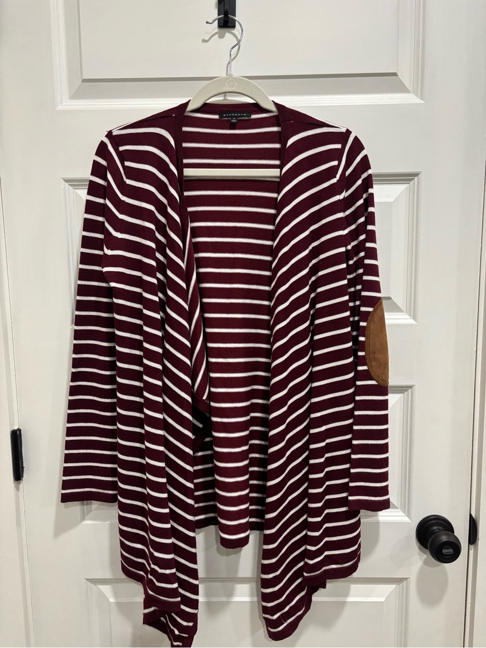 Staccato Burgundy and White Striped Open-Front Cardigan